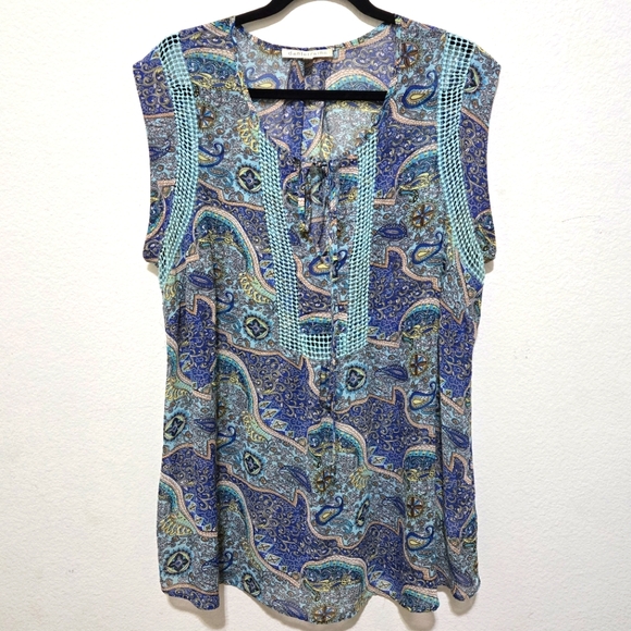 Daniel Rainn Tops - DANIEL RAINN Blue Boho Style Short Cap Sleeve Sheer Blouse Crochet Lace Size 1X